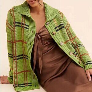 Anthropologie Callahan Bonnie Plaid Chunky Cardigan Sweater Green Multi Size M